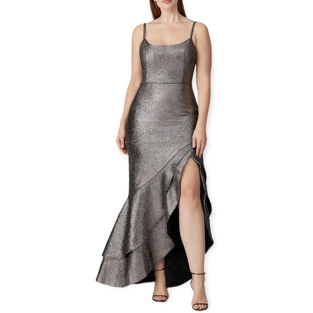 Hutch melia metallic silver high low slit ruffle gown